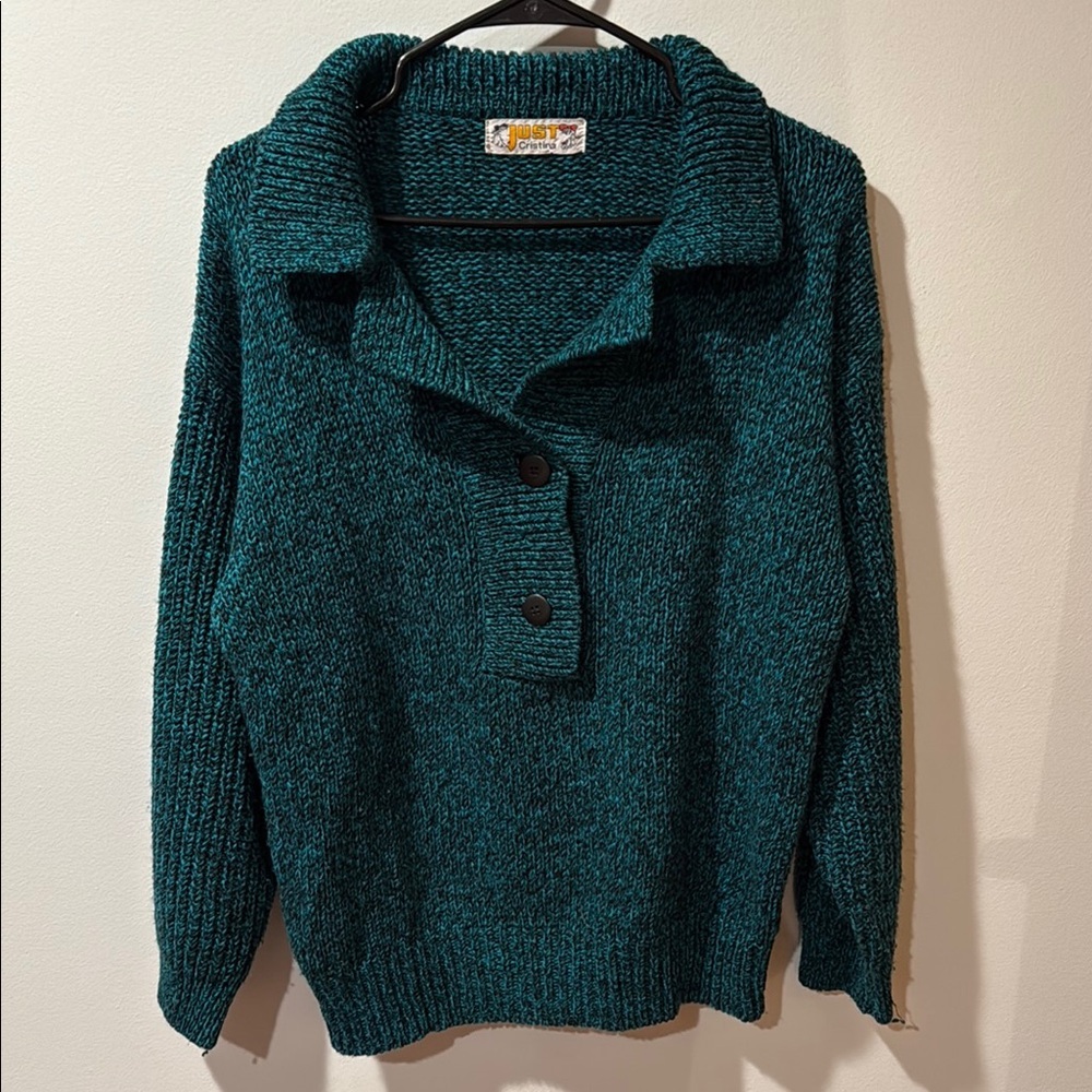 Vintage 1980s Women’s Teal Button-Up Knit Sweater